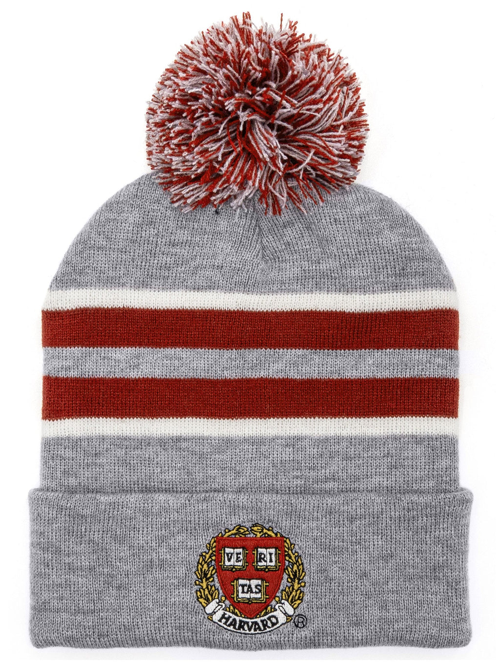 Harvard University Veritas Shield Pom Pom Beanie - Gray/Burgundy/White