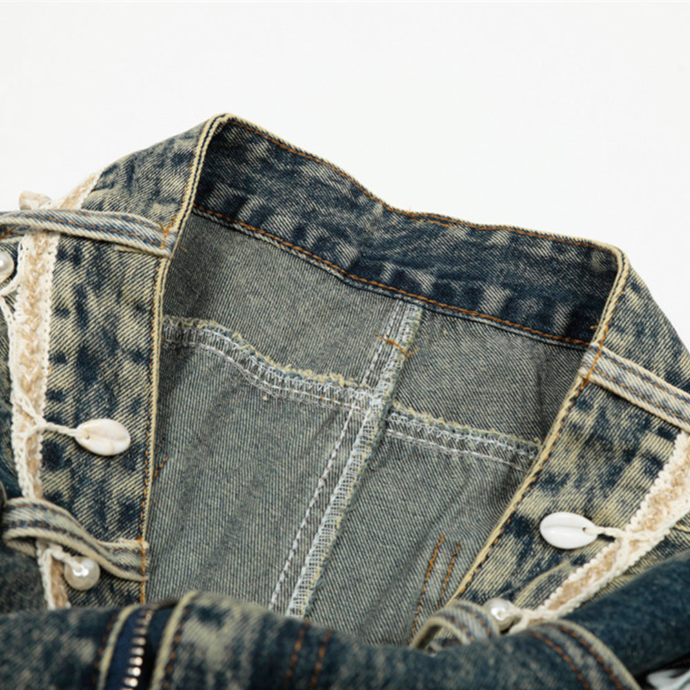 Punk Retro Washed Distressed Denim Wide-Leg Pants Men's Trendy Unique Design Loose Fit Flared Trousers
