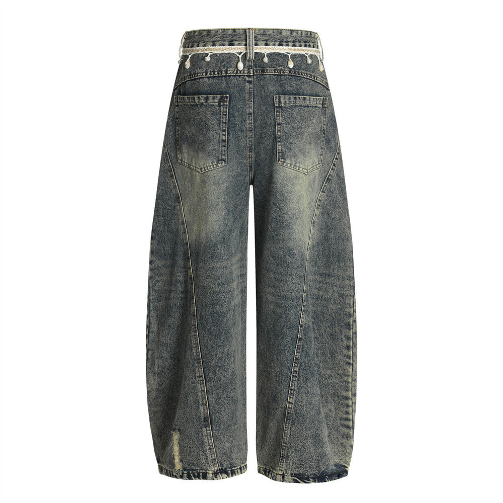Punk Retro Washed Distressed Denim Wide-Leg Pants Men's Trendy Unique Design Loose Fit Flared Trousers