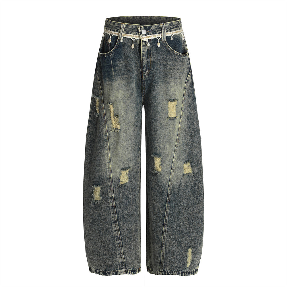 Punk Retro Washed Distressed Denim Wide-Leg Pants Men's Trendy Unique Design Loose Fit Flared Trousers