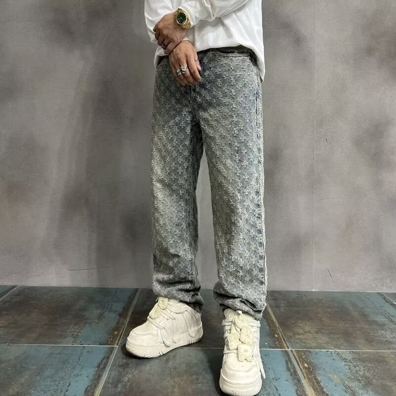 High Street Hip Hop Trousers, Trendy Brand Cool and Handsome Jacquard Full Print Jeans for Men, American Style Vibe Straight Leg Pants