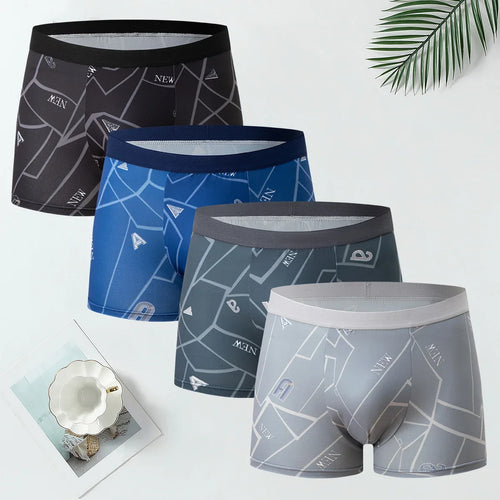 Four pairs of men's map-pattern boxer briefs in black, blue, dark gray, and light gray