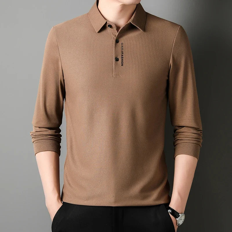 Men's Waffle Long Sleeved POLO Shirt with Letter Printed Lapel Casual Top